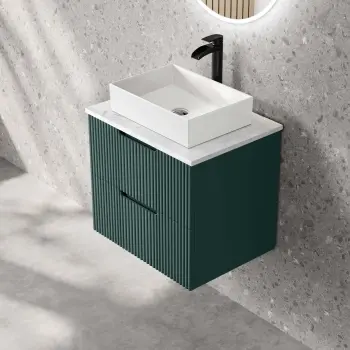 Crete Fluted Mystic Green Wall Hung Drawer Vanity with Marble Top & Cody Basin 600mm