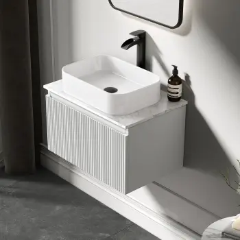 Malta Fluted Coastal White Wall Hung Drawer Vanity with Marble Top & Marin Basin 600mm