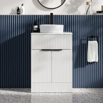 Havana Fluted Coastal White Cabinet with Marble Top & Nevis Basin 600mm - Black Accents