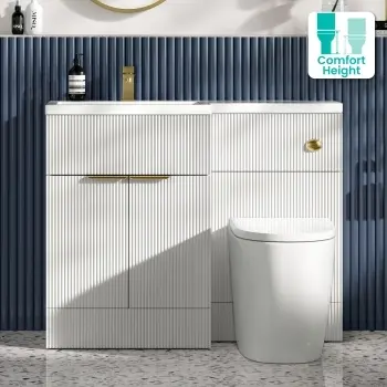 Havana Fluted Coastal White Combination Vanity Basin and Utah Comfort Height Toilet 1100mm - Brushed Brass Accents - Left Handed