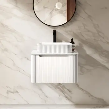 Sorrento Fluted Coastal White Wall Hung Drawer Vanity with Marble Top & Reno Basin 600mm