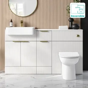 Sicily Fluted Coastal White Combination Vanity Basin and Aruba Toilet 1500mm - Brushed Brass Accents
