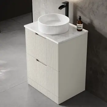 Crete Fluted Linen White Vanity Drawer with Marble Top & Nevis Basin 600mm