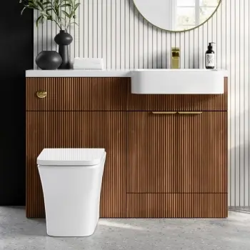 Sicily Fluted Black Walnut Combination Vanity Basin and Houston Toilet 1200mm - Brushed Brass Accents - Right Handed