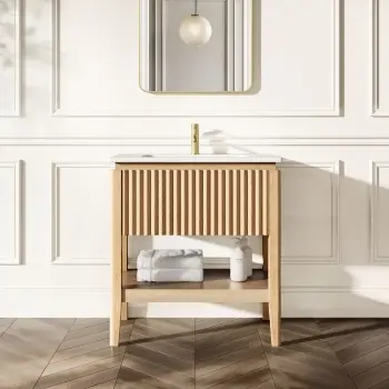 Maru Oak Wood Grain Vanity Unit & Matt White Stone Basin 800mm