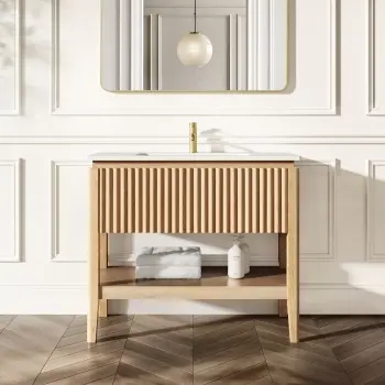 Maru Oak Wood Grain Vanity Unit & Matt White Stone Basin 1000mm