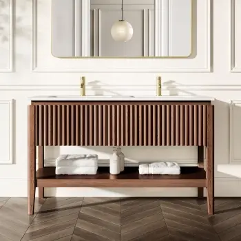Maru Walnut Wood Grain Vanity Unit & Matt White Double Stone Basin 1400mm
