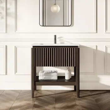 Maru Black Oak Wood Grain Vanity Unit & Matt White Stone Basin 800mm