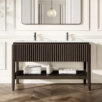 Maru Black Oak Wood Grain Vanity Unit & Matt White Double Stone Basin 1400mm