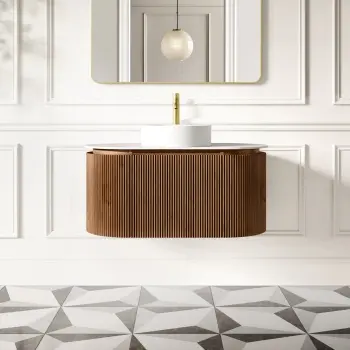 Positano Natural Walnut Curved Wall Hung Vanity Drawer with Matt White Stone Top 1000mm - Basin Not Included