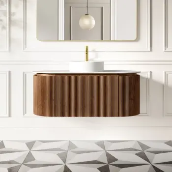 Positano Natural Walnut Curved Wall Hung Vanity Drawer with Matt White Stone Top 1200mm - Basin Not Included