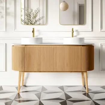 Positano Natural Oak Curved Vanity Unit with Matt White Stone Top 1500mm - Basin Not Included