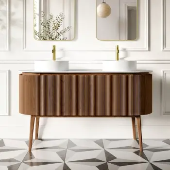 Positano Natural Walnut Curved Vanity Unit with Matt White Stone Top 1500mm - Basin Not Included
