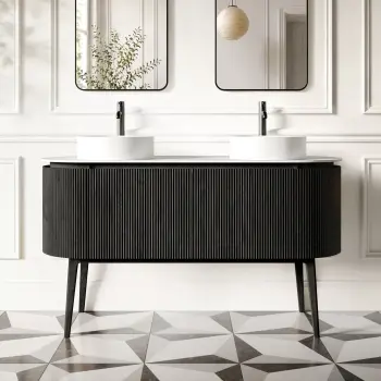 Positano Black Oak Curved Vanity Unit with Matt White Stone Top 1500mm - Basin Not Included
