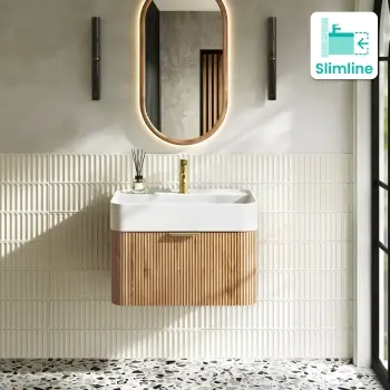 Cayman Natural Oak Wall Hung Slimline Basin Drawer Vanity 600mm - Brushed Brass Accents