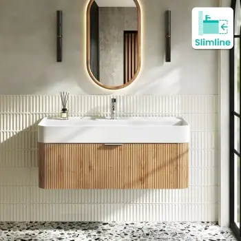Cayman Natural Oak Wall Hung Slimline Basin Drawer Vanity 1000mm - Chrome Handle