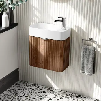 Cayman Natural Walnut Cloakroom Wall Hung Slimline Basin Vanity 440mm - Chrome Handle