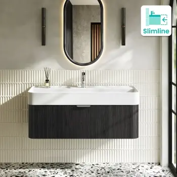 Cayman Black Oak Wall Hung Slimline Basin Drawer Vanity 1000mm - Chrome Handle