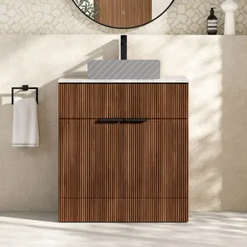 Havana Fluted Black Walnut Cabinet with Marble Top 800mm (Excludes Counter Top Basin) - Black Accents