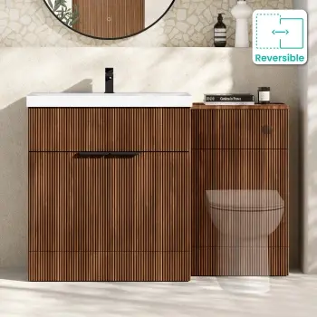Havana Fluted Black Walnut Basin Vanity and Back To Wall Toilet Unit 1300mm (Excludes Toilet) - Black Accents