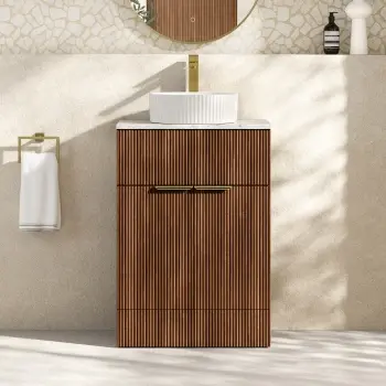 Havana Fluted Black Walnut Cabinet with Marble Top & Nevis Basin 600mm - Brushed Brass Accents