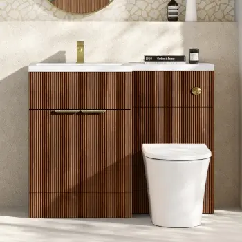 Havana Fluted Black Walnut Combination Vanity Basin and Tucson Toilet 1100mm - Brushed Brass Accents - Left Handed