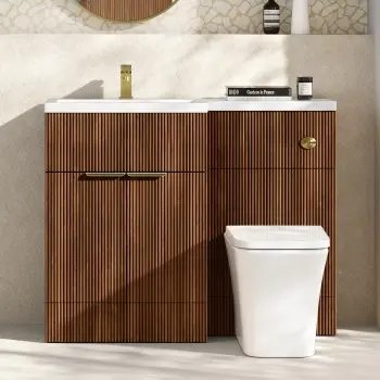 Havana Fluted Black Walnut Combination Vanity Basin and Houston Toilet 1100mm - Brushed Brass Accents - Left Handed
