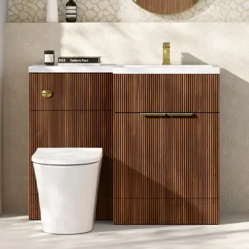 Havana Fluted Black Walnut Combination Vanity Basin and Tucson Toilet 1100mm - Brushed Brass Accents - Right Handed