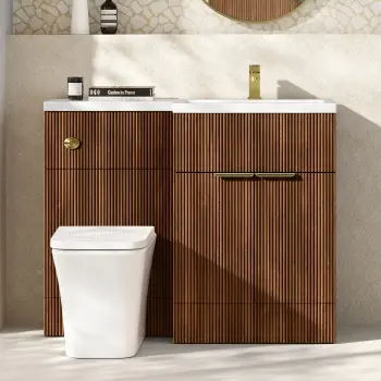 Havana Fluted Black Walnut Combination Vanity Basin and Houston Toilet 1100mm - Brushed Brass Accents - Right Handed