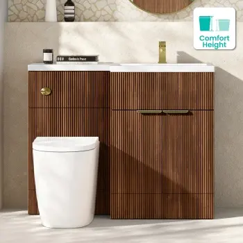Havana Fluted Black Walnut Combination Vanity Basin and Utah Comfort Height Toilet 1100mm - Brushed Brass Accents - Right Handed