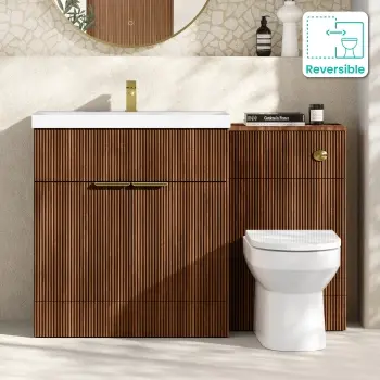 Havana Fluted Black Walnut Combination Vanity Basin and Miami Toilet 1300mm - Brushed Brass Accents