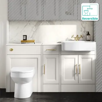 Monaco Cotton White Combination Vanity Basin and Miami Toilet 1500mm - Brass Knurled Handles