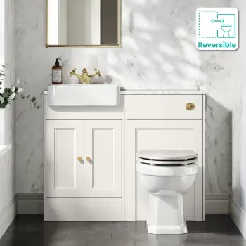 Monaco Cotton White Combination Vanity Basin with Marble Top & Hudson Toilet with Wooden Seat 1000mm - Brushed Brass Accents