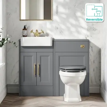 Monaco Fog Grey Combination Vanity Basin and Hudson Toilet with Wooden Seat 1000mm - Brass Knurled Handles