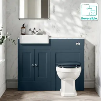 Monaco Navy Blue Combination Vanity Basin with Marble Top & Hudson Toilet with Wooden Seat 1000mm