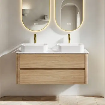 Jerez Country Oak Double Wall Hung Drawer Vanity with Marble Top 1200mm - Excludes Basin