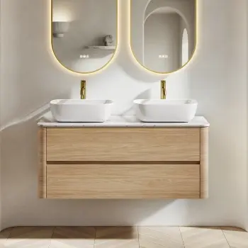 Jerez Country Oak Double Wall Hung Drawer Vanity with Marble Top & Curved Basin 1200mm