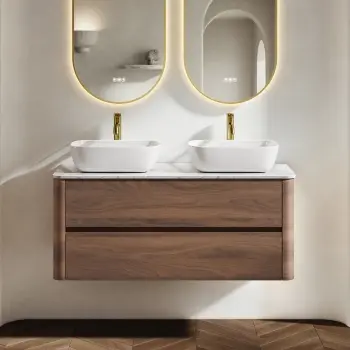 Jerez Black Walnut Double Wall Hung Drawer Vanity with Marble Top & Curved Basin 1200mm