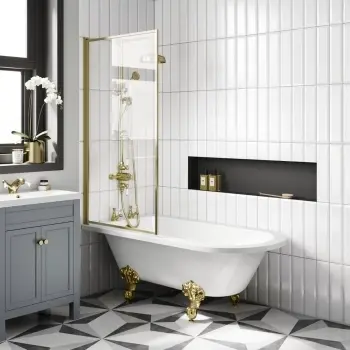 Abingdon 1500 Roll Top Shower Bath - Brushed Brass Ball Feet & 6mm Easy Clean Brushed Brass Bath Screen