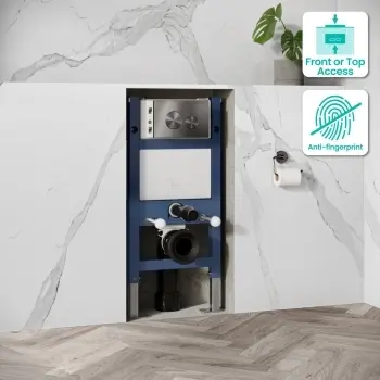 Idaho Pneumatic Top & Front Compact Wall Hung Toilet Frame and Concealed Cistern with Brushed Gunmetal Flush Plate - Round Buttons