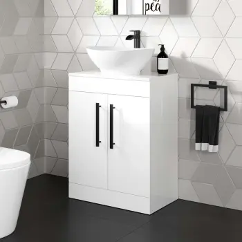 Avon Gloss White Vanity with Oval Counter Top Basin 600mm - Black Accents