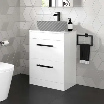 Avon Gloss White Counter Top Vanity Drawer with Marble Top 600mm - Black Accents