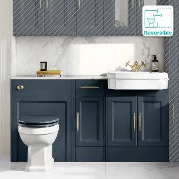 Monaco Inky Blue Combination Vanity Traditional Basin with Marble Top & Hudson Toilet with Wooden Seat 1500mm - Brass Knurled Handles