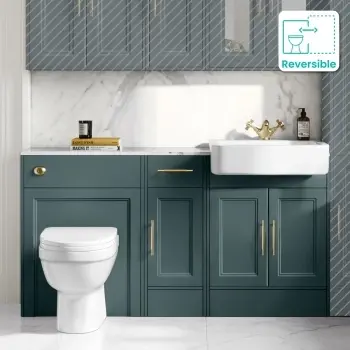 Monaco Midnight Green Combination Vanity Basin with Marble Top and Seattle Toilet 1500mm - Brass Knurled Handles