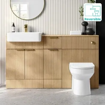 Sicily Fluted Country Oak Combination Vanity Basin and Miami Toilet 1500mm - Brushed Brass Accents
