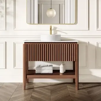Maru Walnut Wood Grain Vanity Cabinet 1000mm with Carrara Marble Top - Basin Not Included