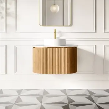 Positano Natural Oak Curved Wall Hung Vanity Drawer with Carrara Marble Top 800mm - Basin Not Included
