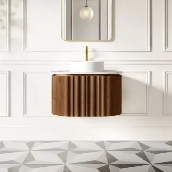 Positano Natural Walnut Curved Wall Hung Vanity Drawer with Carrara Marble Top 800mm - Basin Not Included