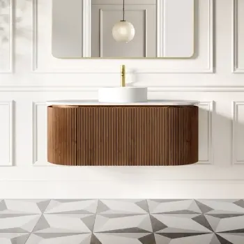 Positano Natural Walnut Curved Wall Hung Vanity Drawer with Carrara Marble Top 1200mm - Basin Not Included
