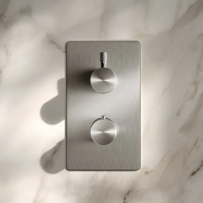 Suir Premium Brushed Nickel Round Thermostatic Shower Valve with Knurled Detailing - 2 Outlet